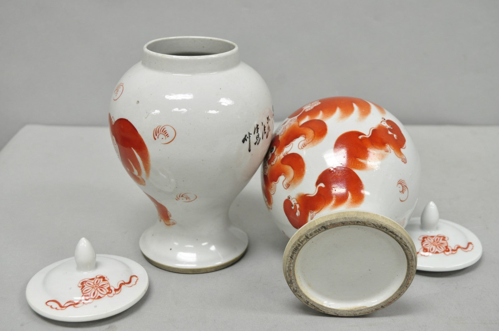 Vintage Chinese Hand Painted Foo Dog Porcelain Covered Ginger Jar - a Pair