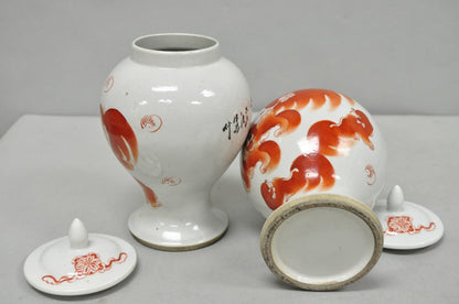 Vintage Chinese Hand Painted Foo Dog Porcelain Covered Ginger Jar - a Pair