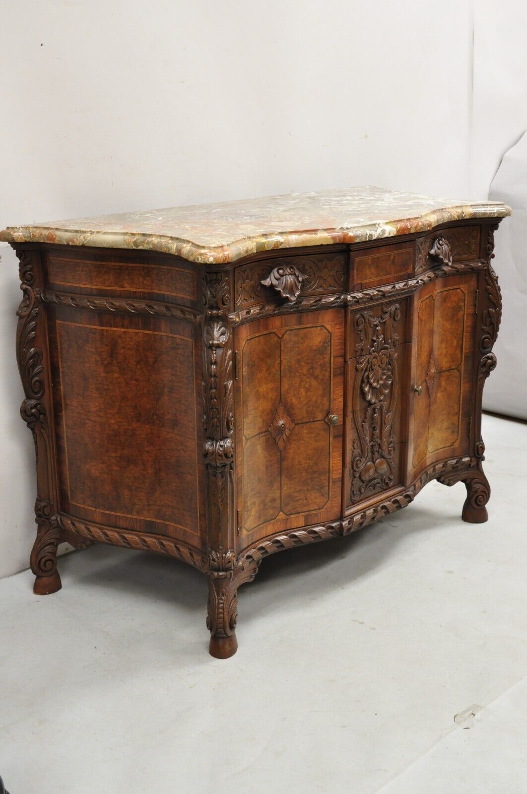 French Louis XV Baroque Style Carved Burl Walnut Rouge Marble Top Commode Server