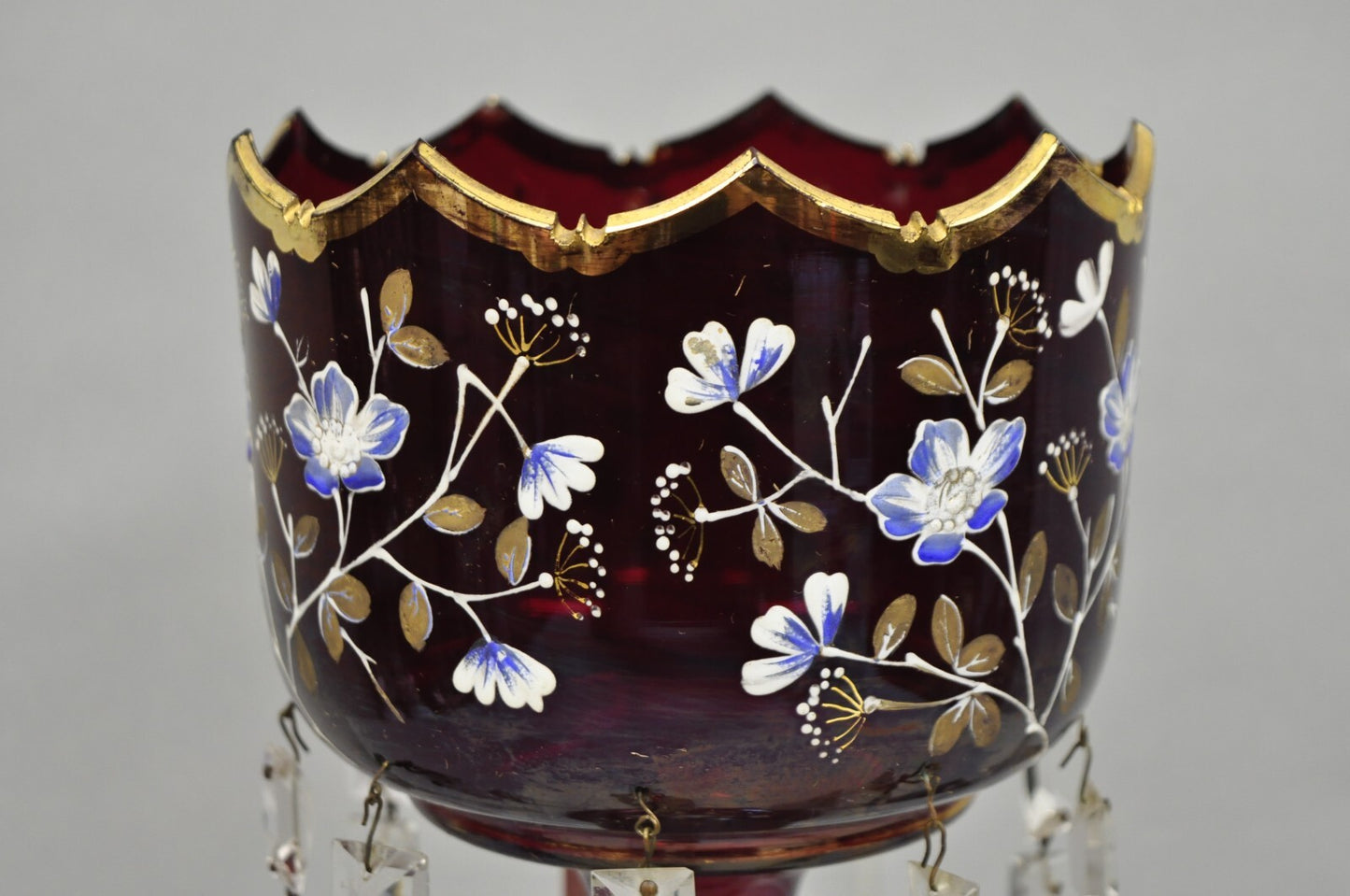 Antique Victorian Cranberry Glass Hand Painted Mantel Lustre Vase with Crystals
