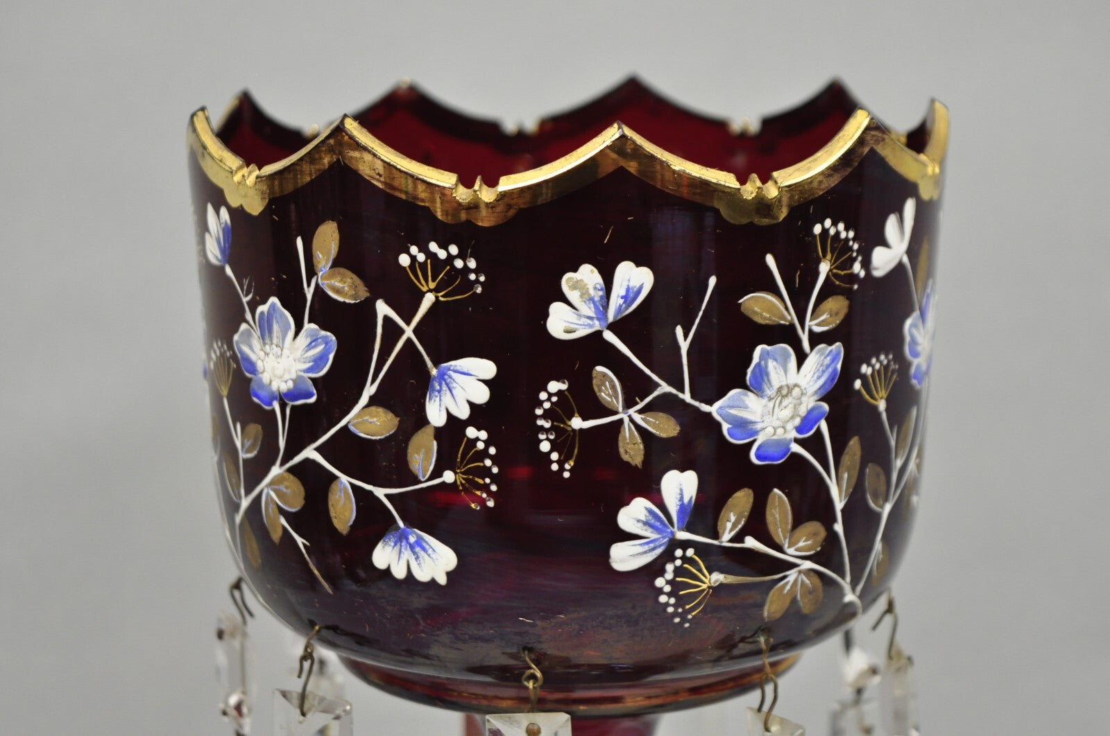 Antique Victorian Cranberry Glass Hand Painted Mantel Lustre Vase with Crystals