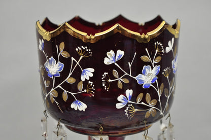 Antique Victorian Cranberry Glass Hand Painted Mantel Lustre Vase with Crystals