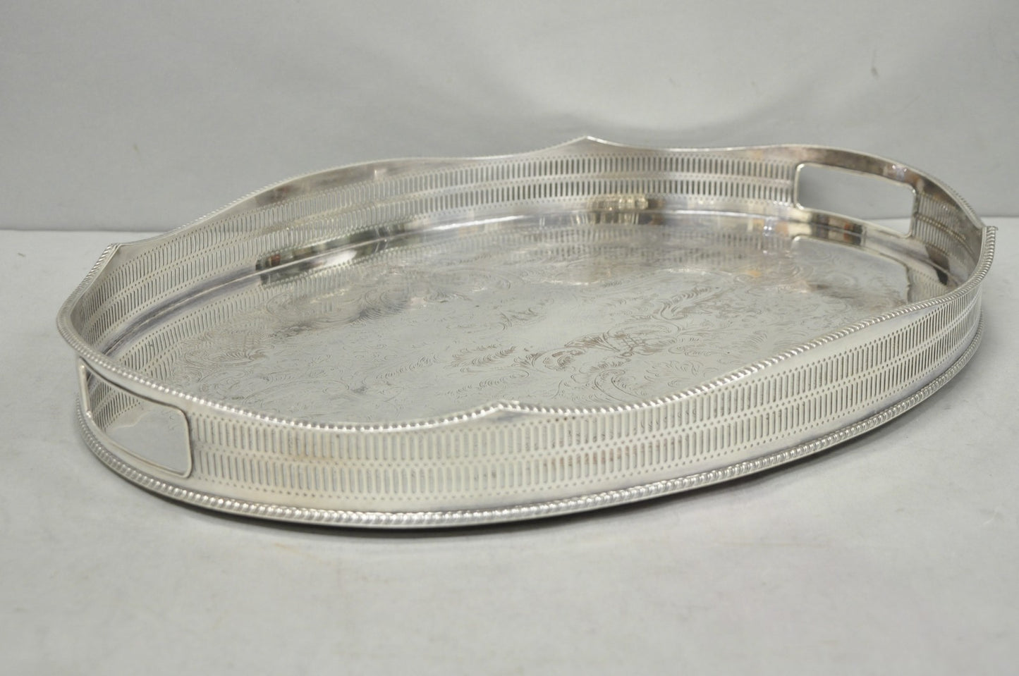 Vintage English Edwardian Silver Plated Oval Scalloped Gallery Bar Platter Tray