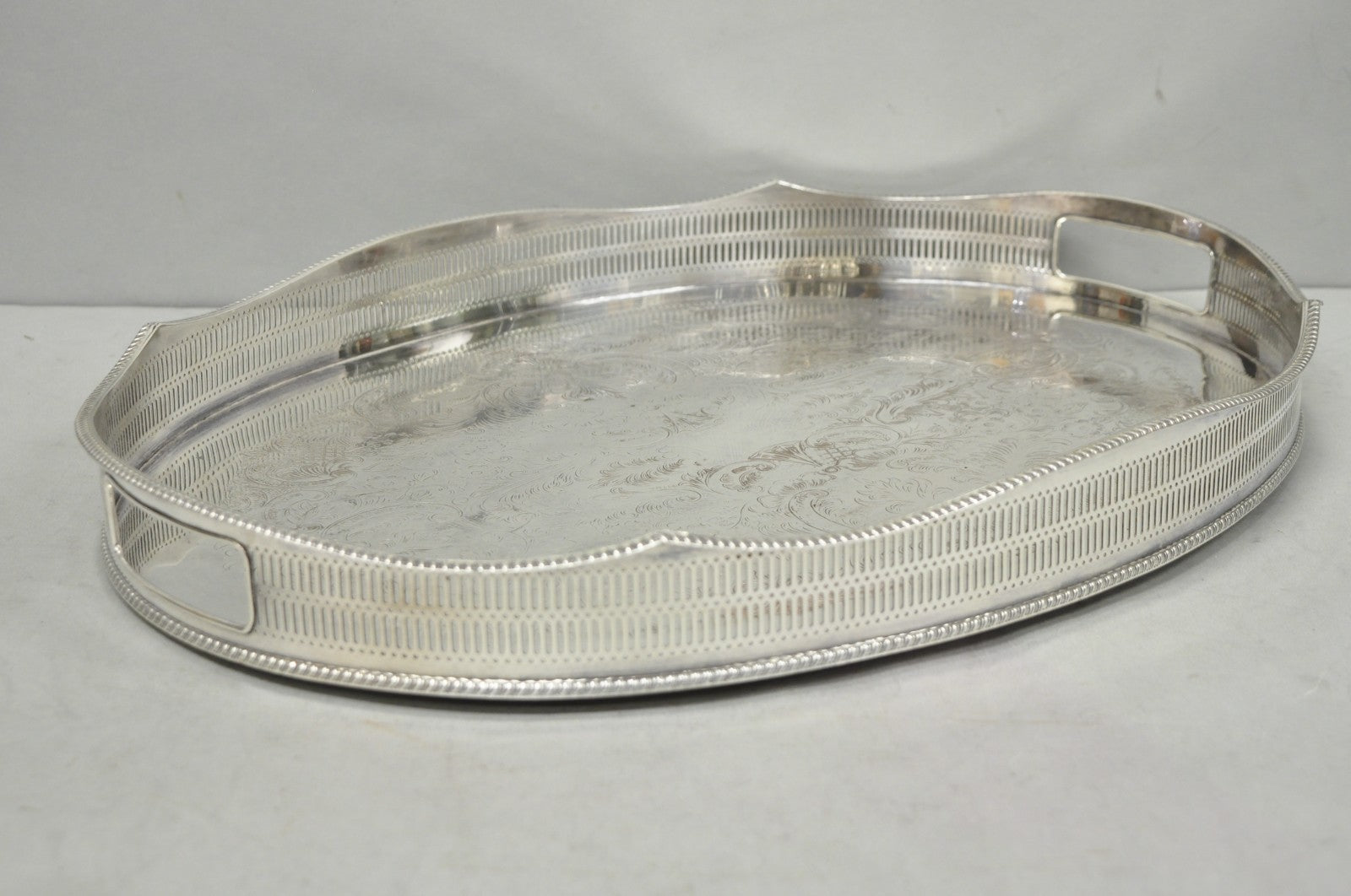 Vintage English Edwardian Silver Plated Oval Scalloped Gallery Bar Platter Tray