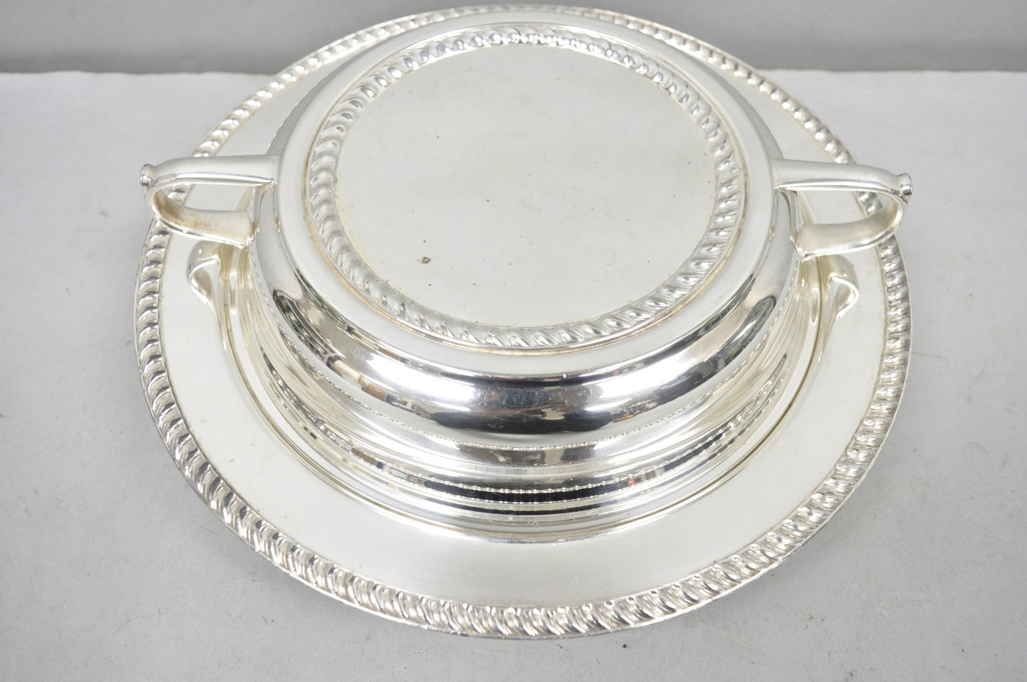 Vintage English Regency Style Round Covered Silver Plated Serving Dish w/Divider