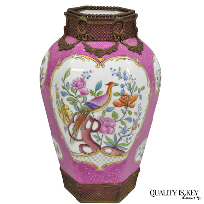 Antique Chinoiserie Pink French Porcelain German Ormulu Bird Painted Vase