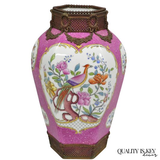 Antique Chinoiserie Pink French Porcelain German Ormulu Bird Painted Vase