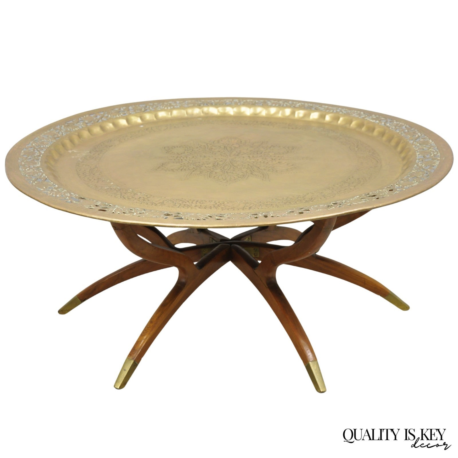 Vintage Moroccan 40" Round Brass Tray Top Teak Folding Spider Leg Coffee Table