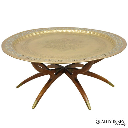 Vintage Moroccan 40" Round Brass Tray Top Teak Folding Spider Leg Coffee Table