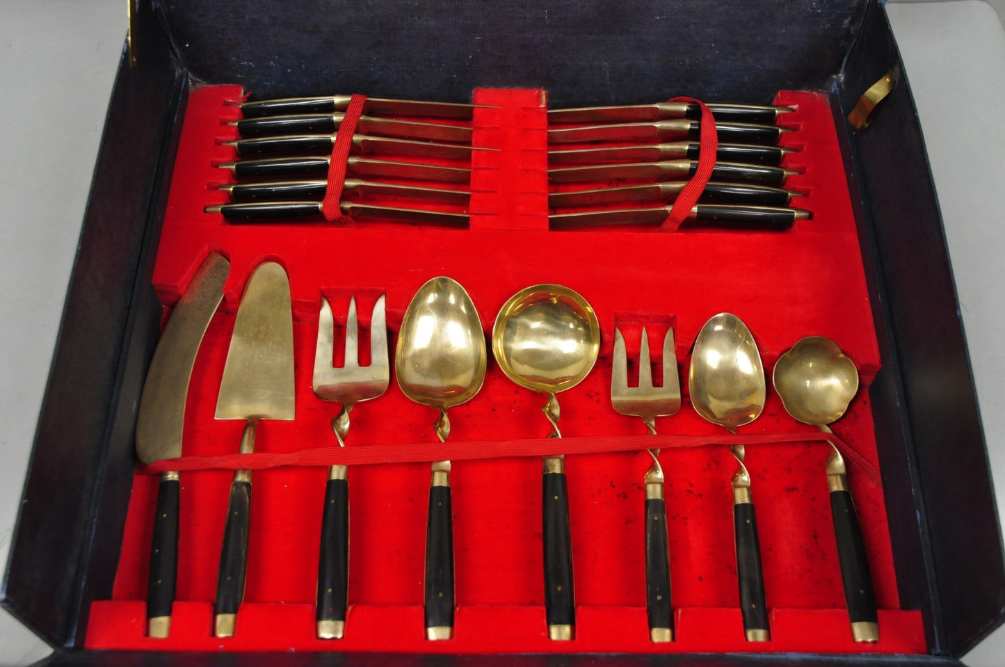 Vintage Bangkok Jewels Bronze Brass & Celluloid Flatware Set in Case - 130 Pcs
