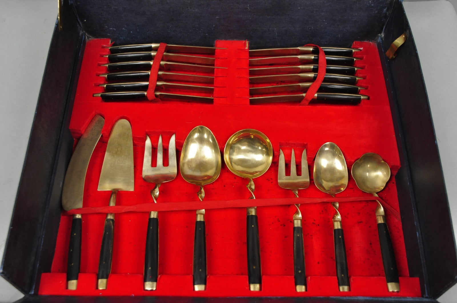 Vintage Bangkok Jewels Bronze Brass & Celluloid Flatware Set in Case - 130 Pcs
