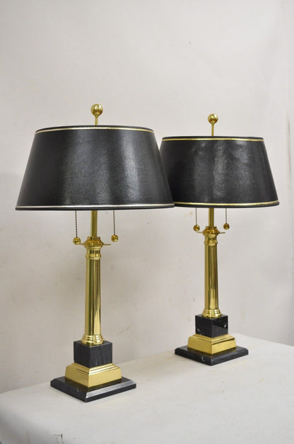 Vintage French Empire Brass & Italian Black Marble Column Table Lamps - a Pair