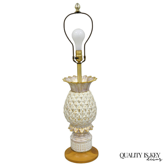 Vintage Italian Hollywood Regency White Porcelain Ceramic Pinneaple Table Lamp