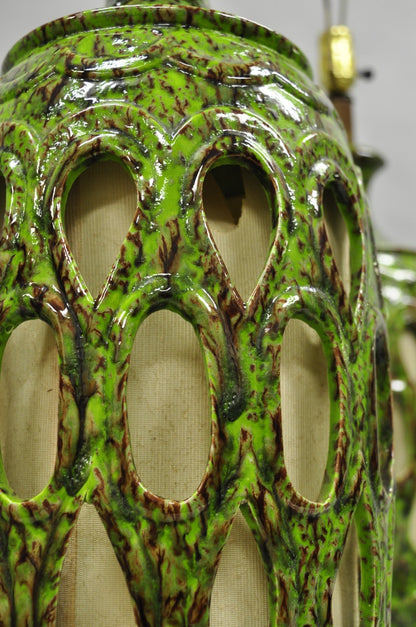 Vintage Mid Century Modern Green Lava Glazed Ceramic Pierced Table Lamps - Pair