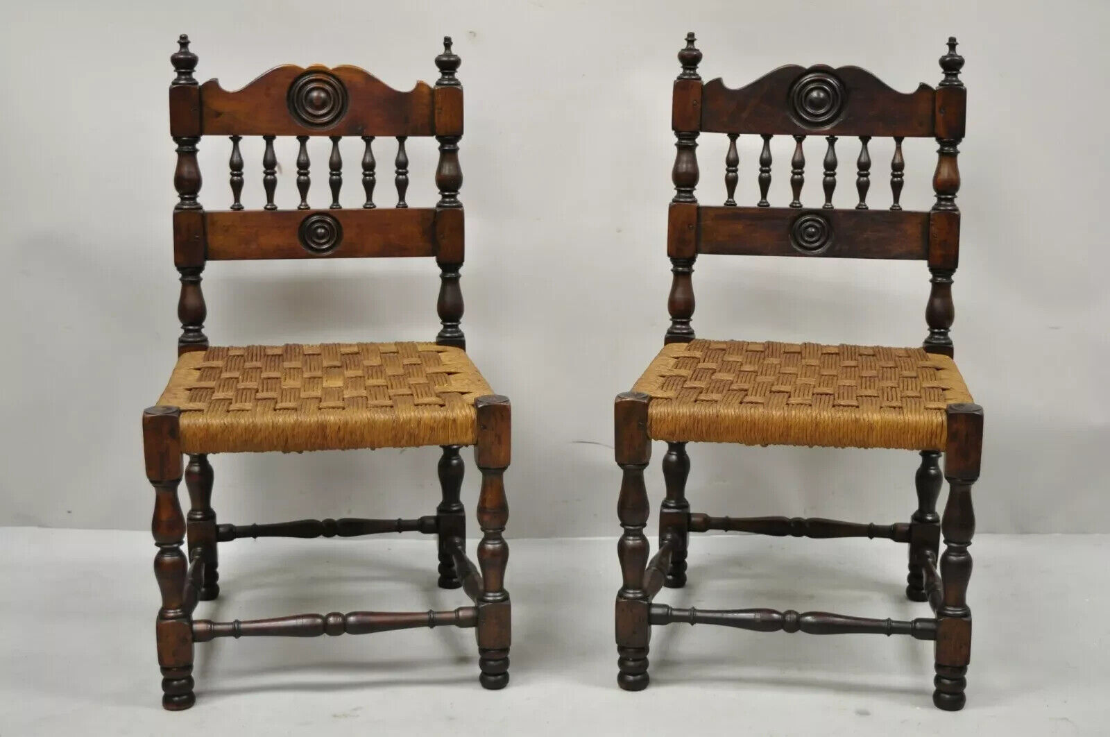 Antique Henry II Walnut Rush Seat Small Children's Child Side Chairs - a Pair