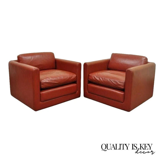 Vintage Mid Century Modern Red Leather Cube Club Lounge Chairs on Casters - Pair