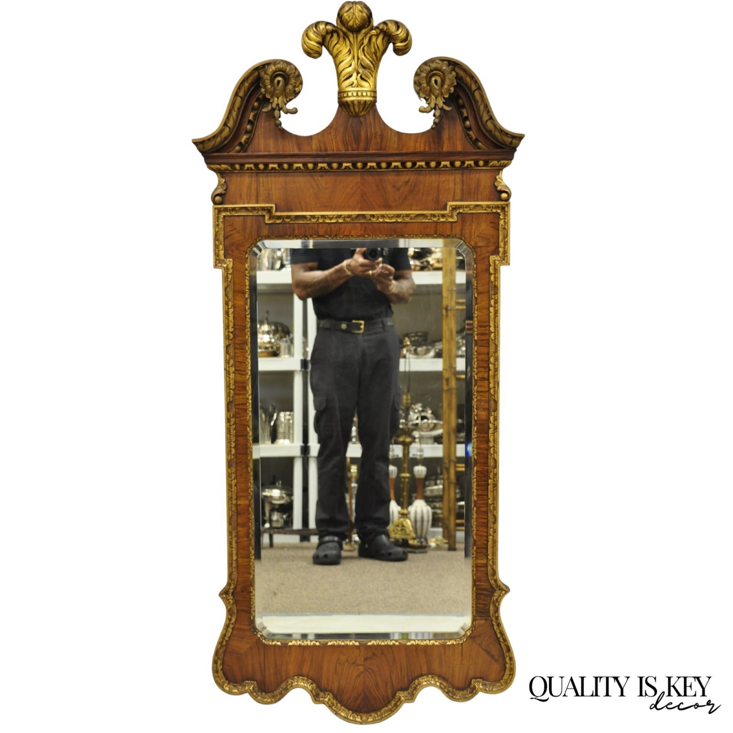 Antique George II Style Walnut Beveled Glass Wall Mirror w/ Plume Pediment