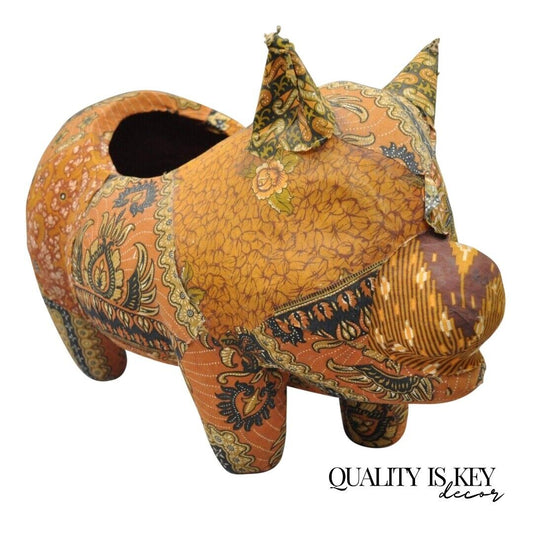 Vintage Boho Chic Paper Mache Pig Planter Pot Orange Fabric Eclectic Collectible