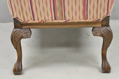 Vintage Georgian Style Carved Walnut Paw Foot Pink Upholstered Club Lounge Chair
