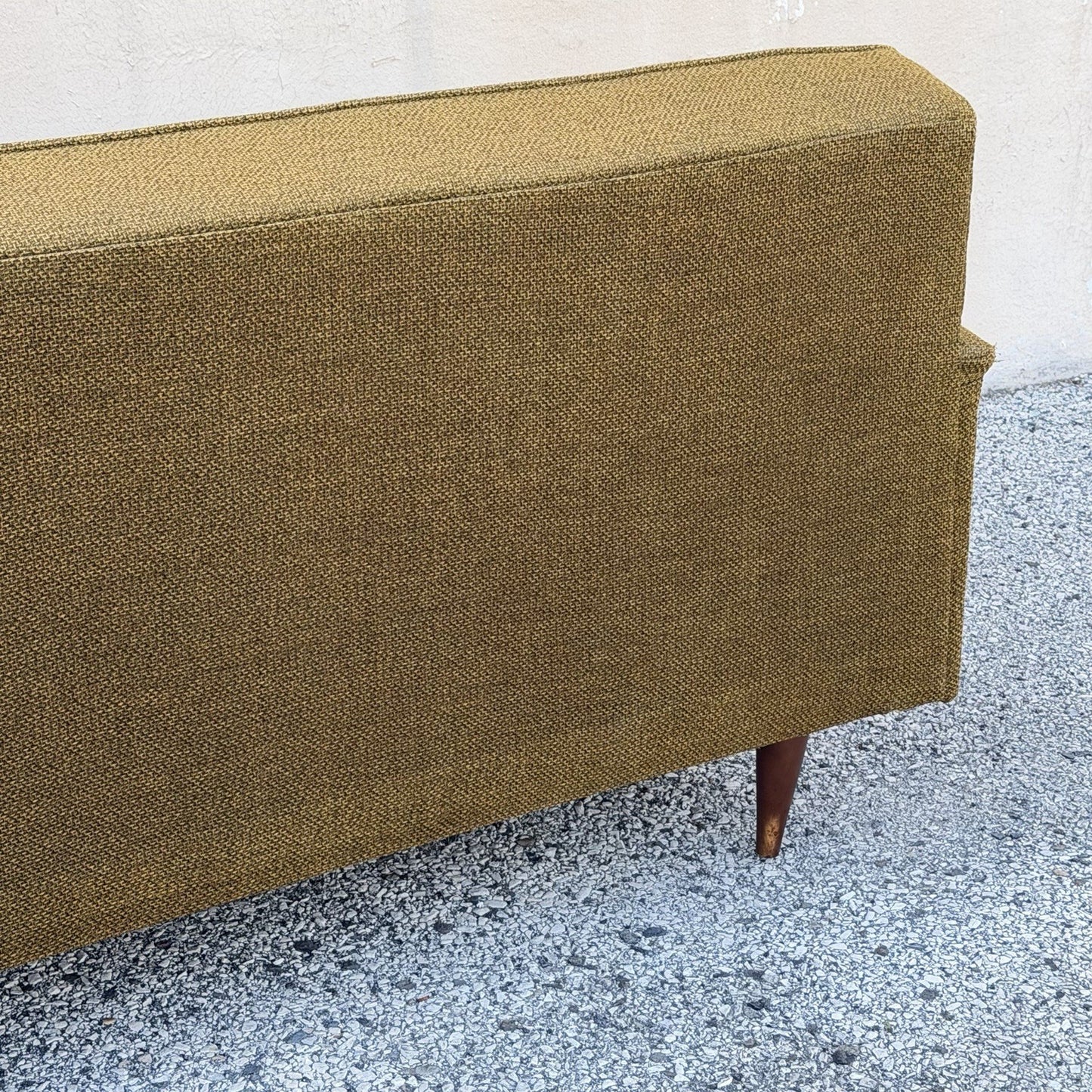 Vintage Mid Century Modern Greenish Brown Tufted 82" Sofa Couch w/ Walnut Legs