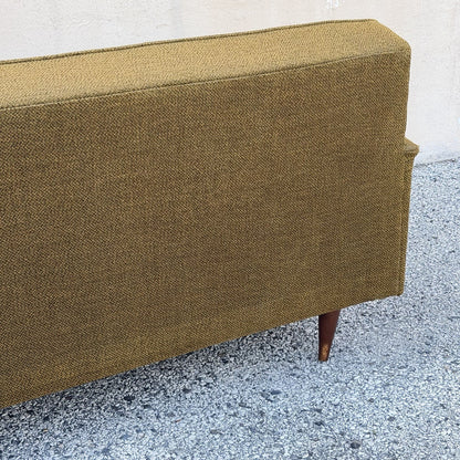 Vintage Mid Century Modern Greenish Brown Tufted 82" Sofa Couch w/ Walnut Legs