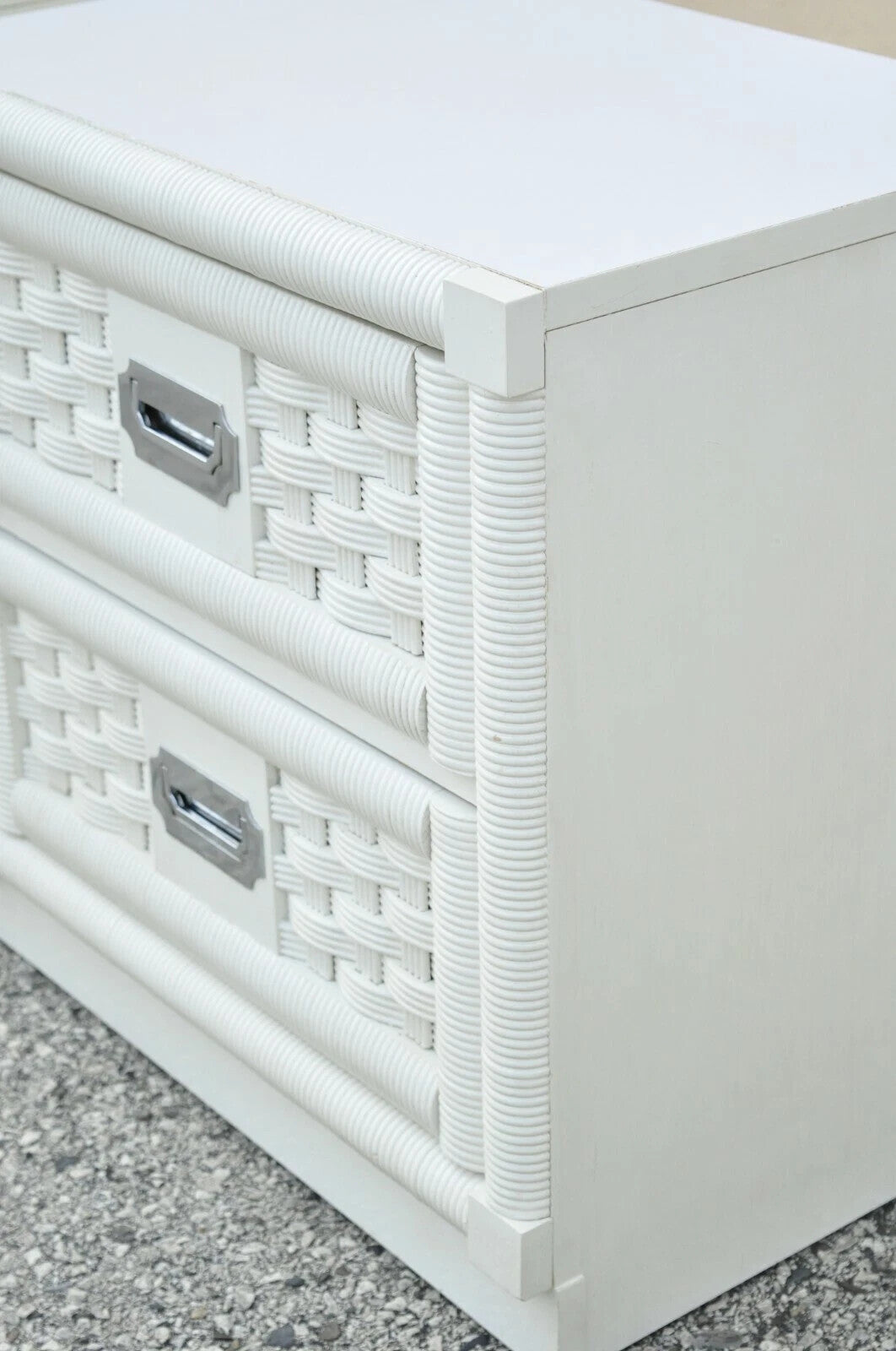 Vintage Hollywood Regency White Rattan Campaign Style Nightstands by Dixie Pair