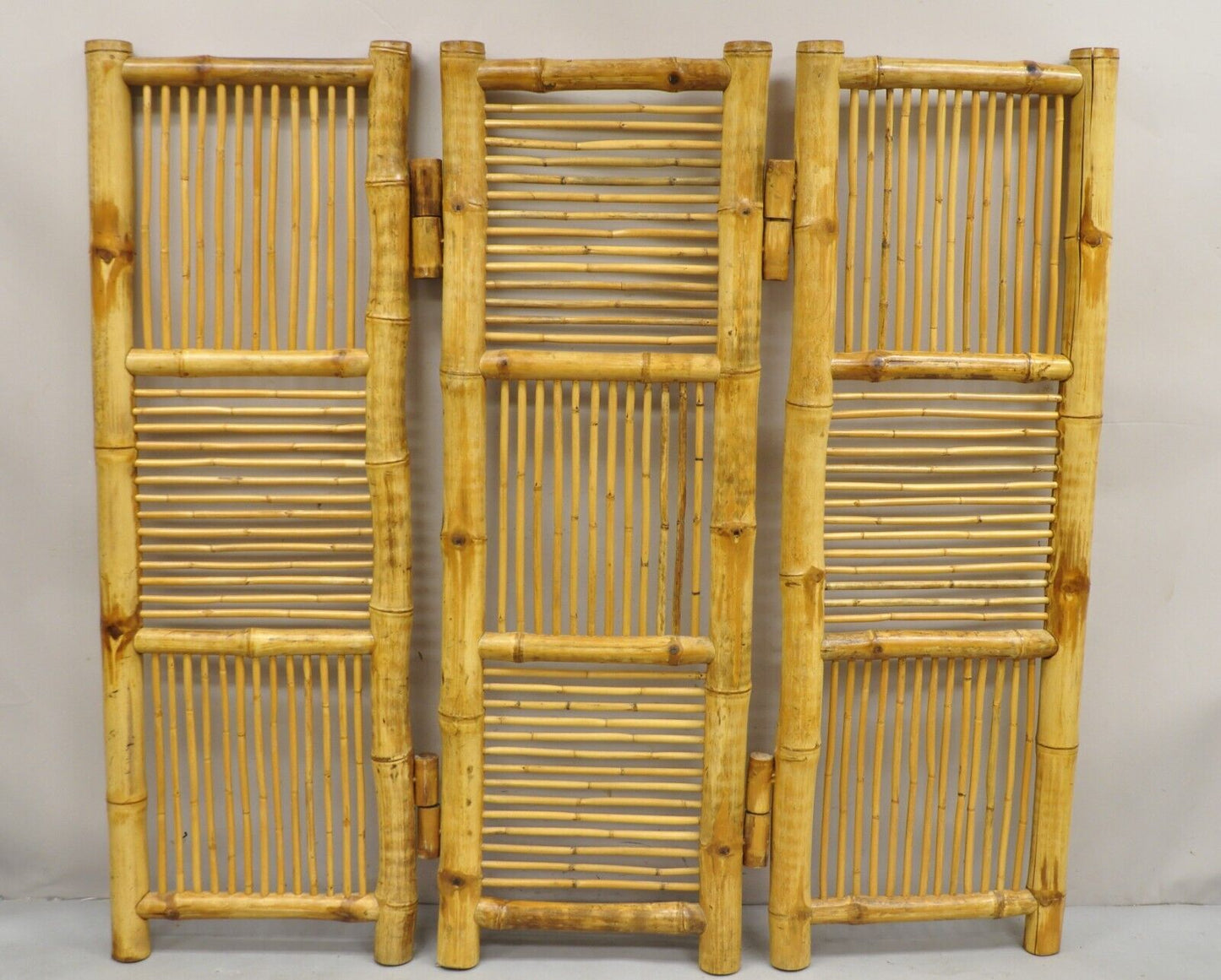 Vintage Boho Chic Bamboo Wood 3 Section Tiki Rattan Room Divider Screen