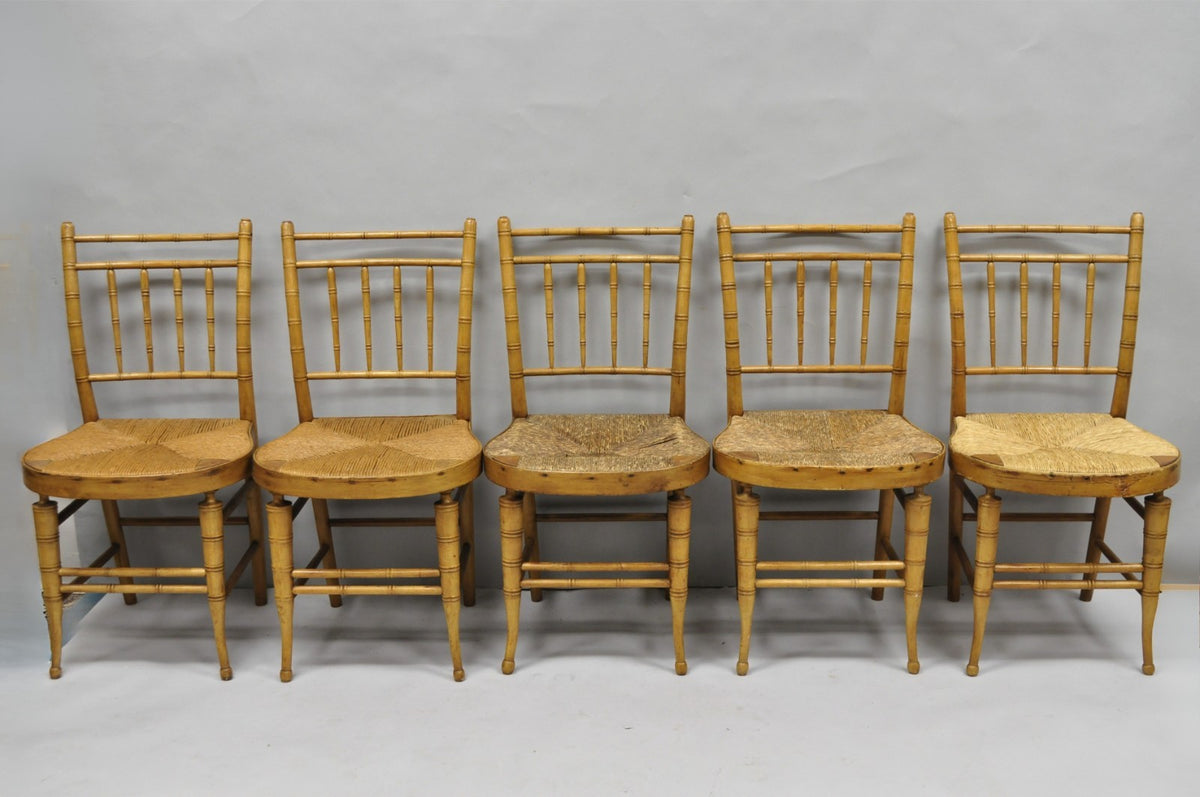 Antique English Regency Faux Bamboo Rush Seat Wooden Dining Chairs - Set of 6