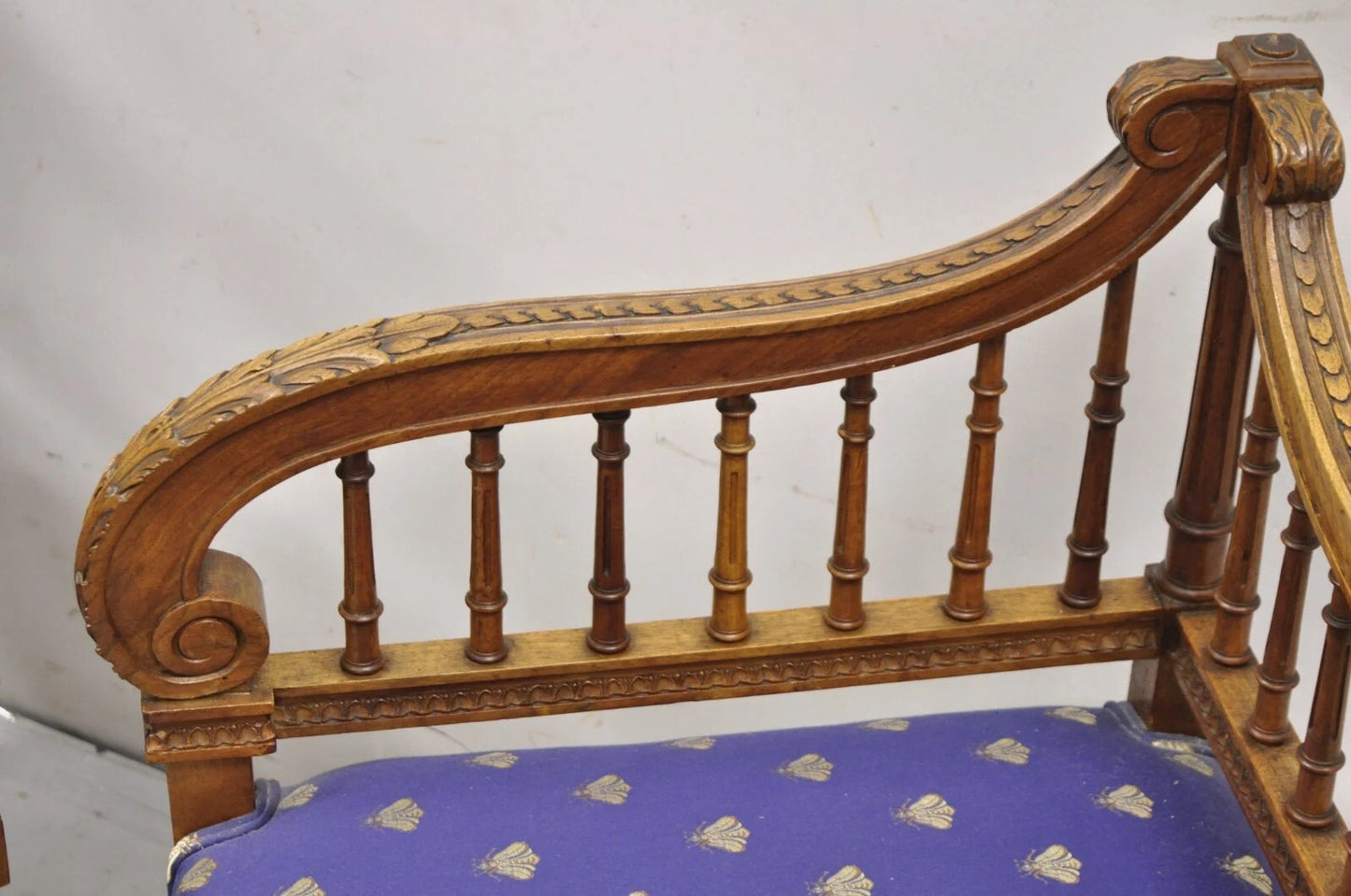 Antique French Louis XVI Style Carved Walnut Lyre Harp Corner Lounge Chair Pair