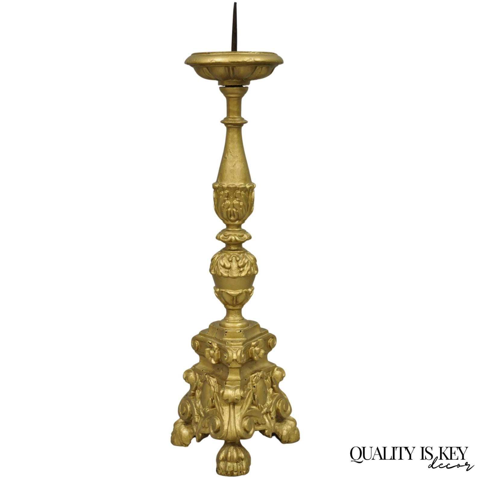 Antique 19th C Italian Neoclassical Carved Gold Giltwood Pricket Candlestick