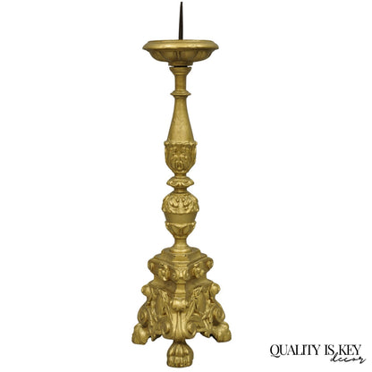 Antique 19th C Italian Neoclassical Carved Gold Giltwood Pricket Candlestick