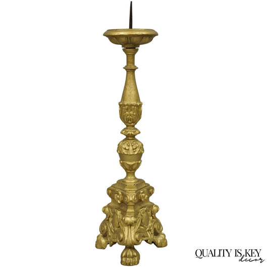 Antique 19th C Italian Neoclassical Carved Gold Giltwood Pricket Candlestick