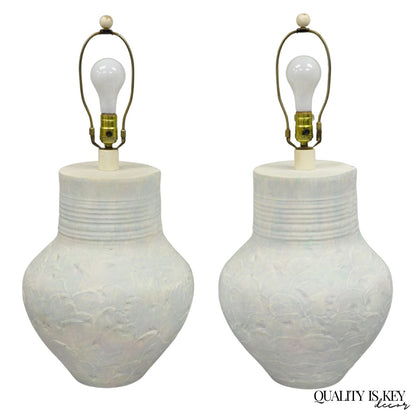 Vintage Postmodern Beach House Ceramic Plaster White Bulbous Table Lamps, a Pair