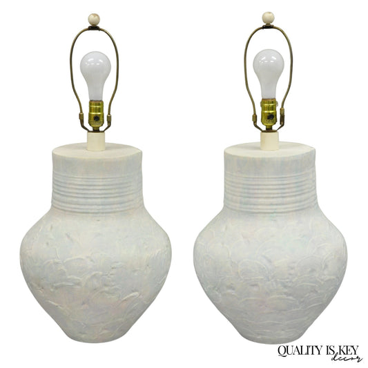 Vintage Postmodern Beach House Ceramic Plaster White Bulbous Table Lamps, a Pair