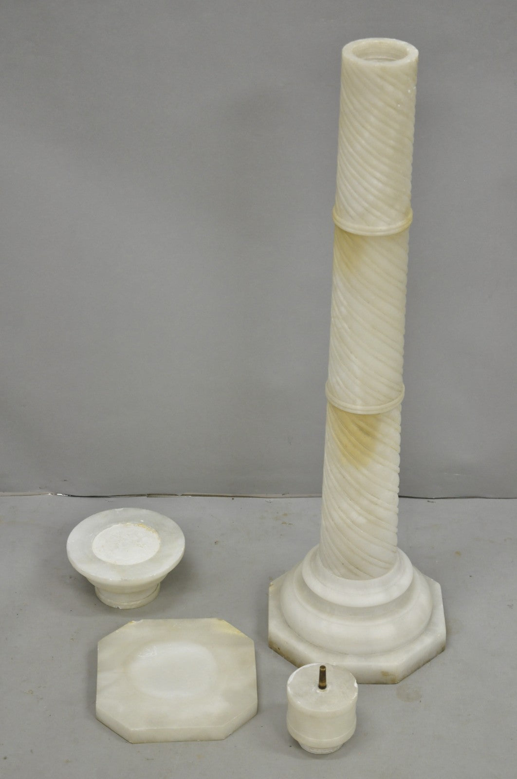 Antique Italian Neoclassical Carved Alabaster Spiral Column Narrow Pedestal