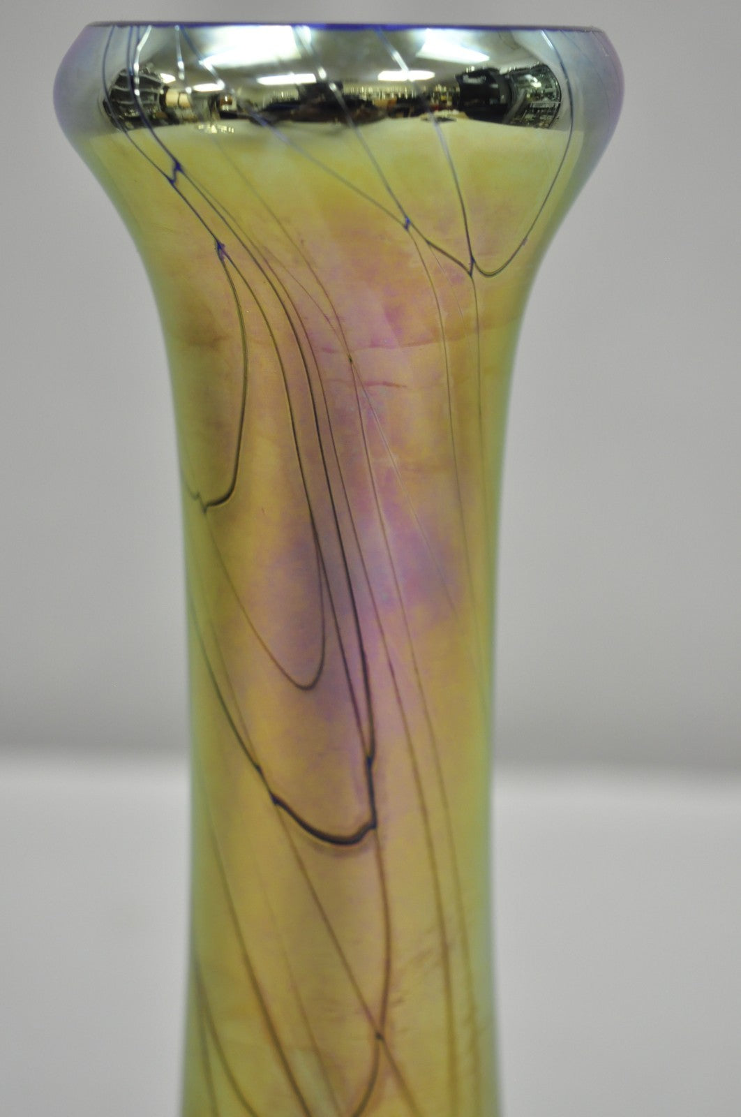 Vintage Steven Maslach 1987 Signed Iridescent & Cobalt Blue Art Glass Vase
