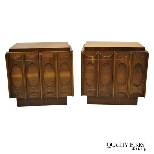 Vintage Mid Century Modern Sculpted Walnut Nightstand Cabinets by Tobago - Pair