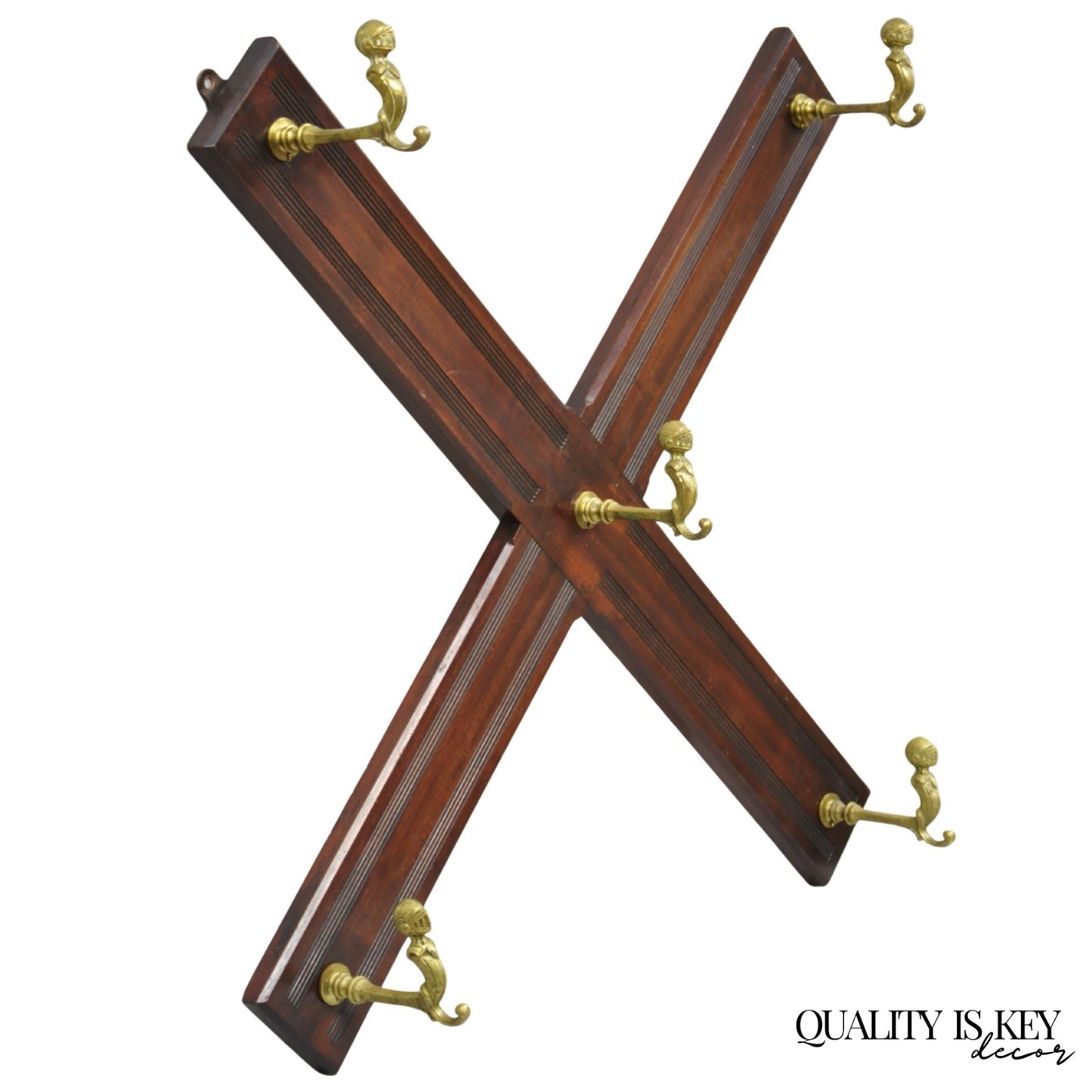 Antique Victorian Mahogany X-Form Wall Coat Rack w/ Brass Knight's Helmet Hooks