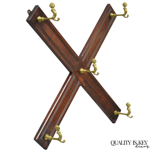 Antique Victorian Mahogany X-Form Wall Coat Rack w/ Brass Knight's Helmet Hooks
