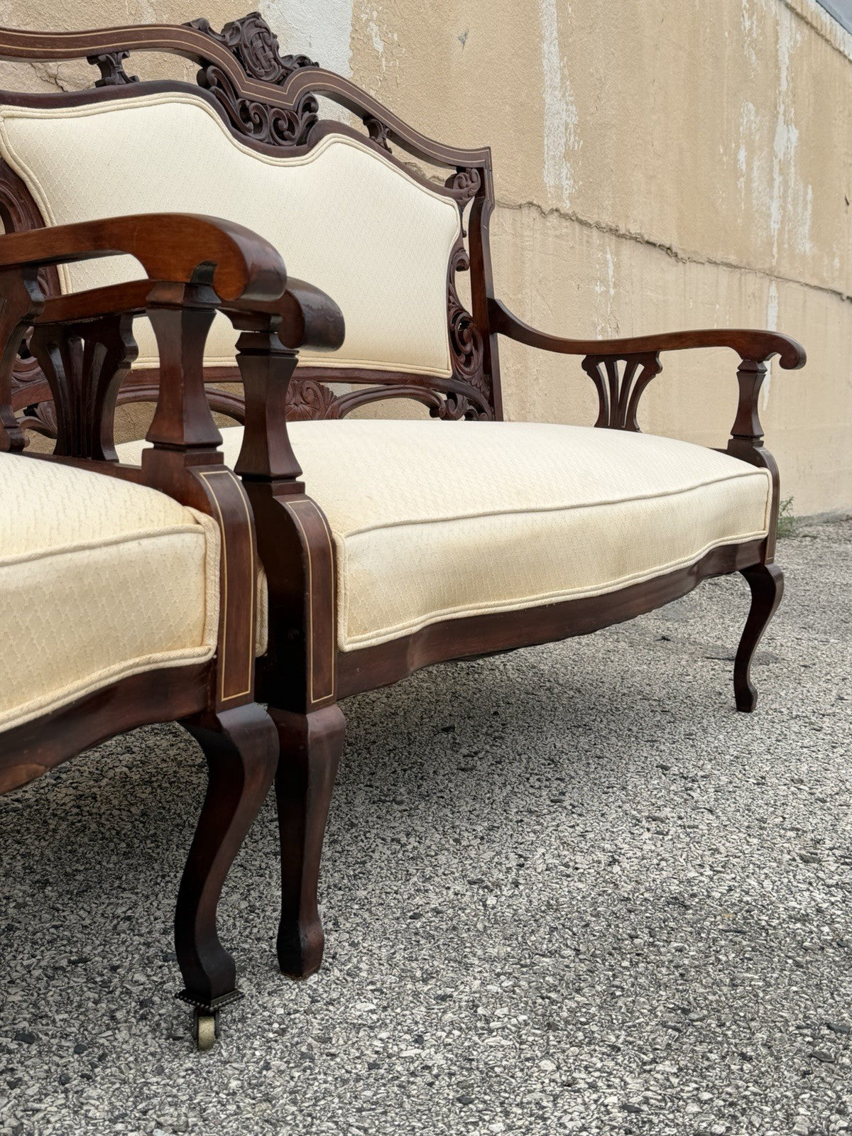 Antique Victorian Carved Mahogany Inlaid Parlor Set Sofa and 4 Chairs - 5 Pcs