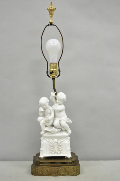 Antique French Parian Bisque Porcelain White Double Cherub & Shell Table Lamp
