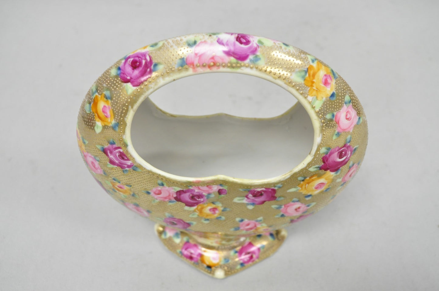 Antique Japanese Nippon Hand Painted Porcelain Gold Gilt Handle Moon Basket Vase