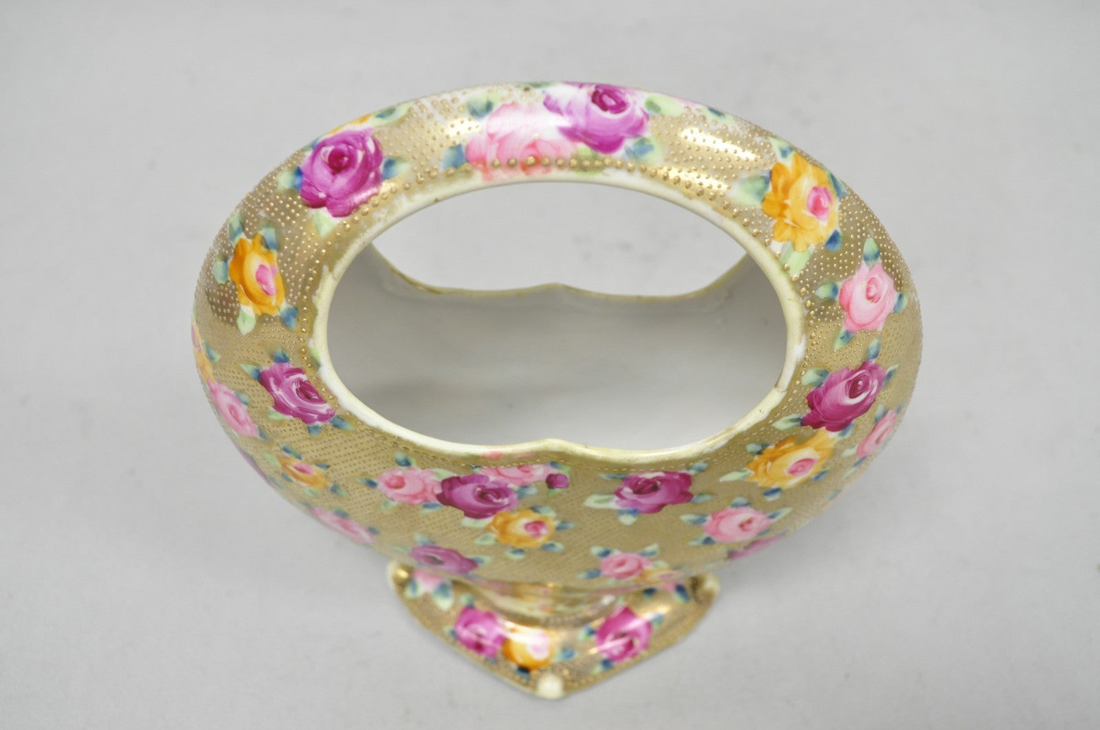 Antique Japanese Nippon Hand Painted Porcelain Gold Gilt Handle Moon Basket Vase