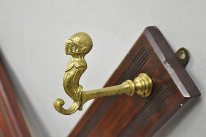Antique Victorian Mahogany X-Form Wall Coat Rack w/ Brass Knight's Helmet Hooks