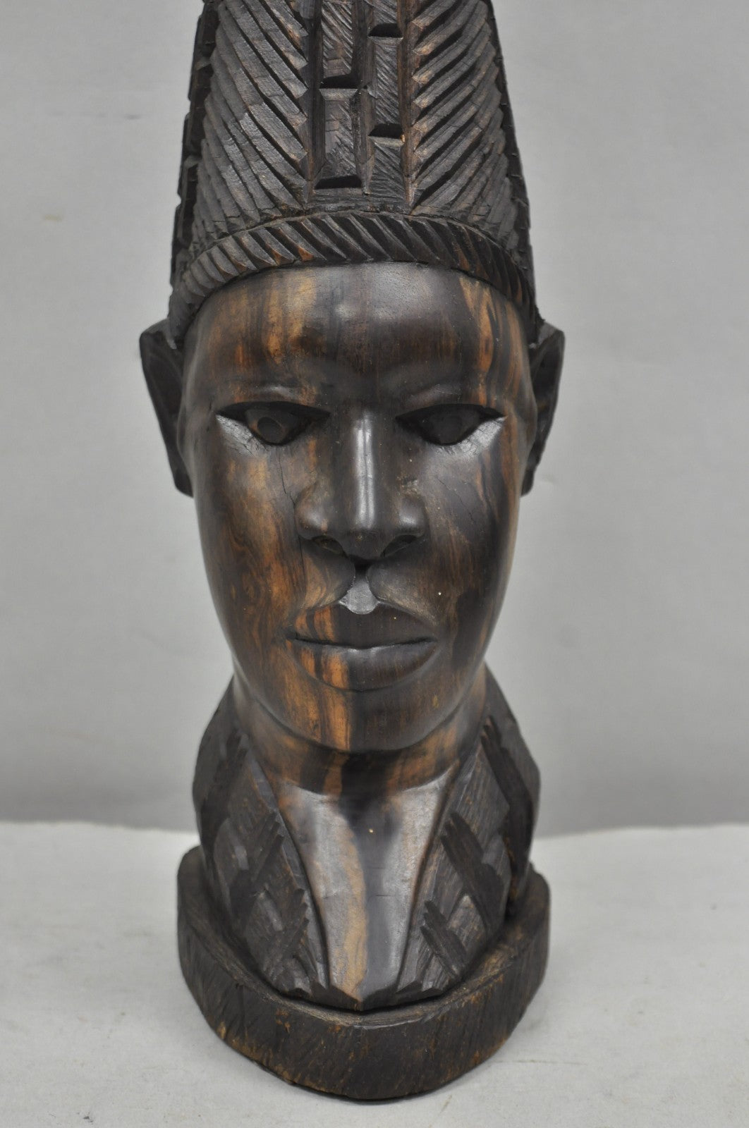 Vintage African Primitive Carved Ebony Wood Benin Bust Head Sculpture Table Lamp