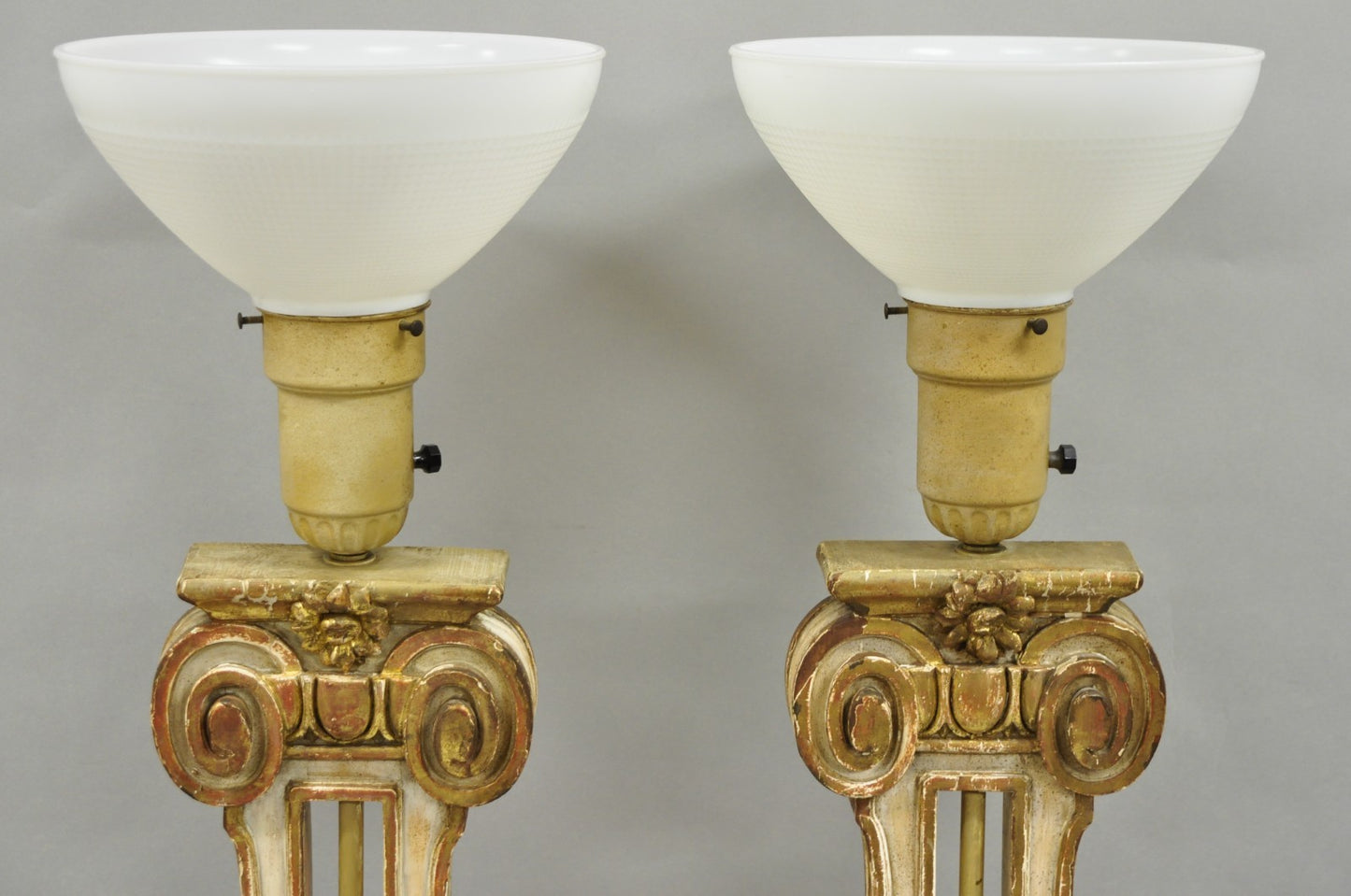 Italian Neoclassical Cream & Gold Gilt Carved Wood Harp Column Table Lamp - Pair