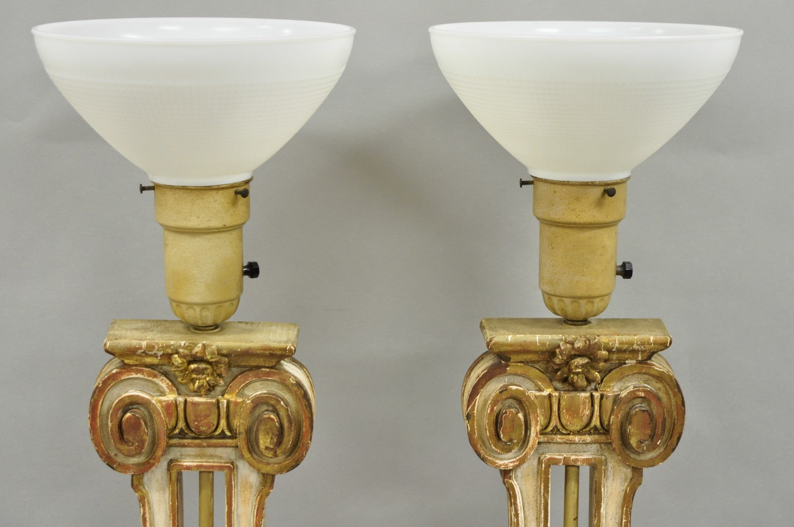 Italian Neoclassical Cream & Gold Gilt Carved Wood Harp Column Table Lamp - Pair