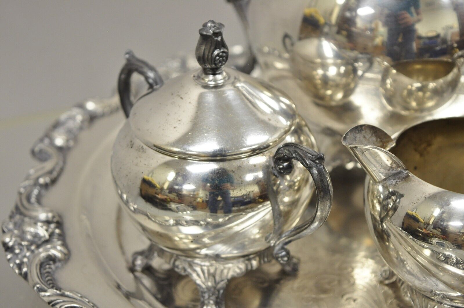 Vintage Silver Plate FB  Rogers Tea Set Amston Round Serving Tray Platter