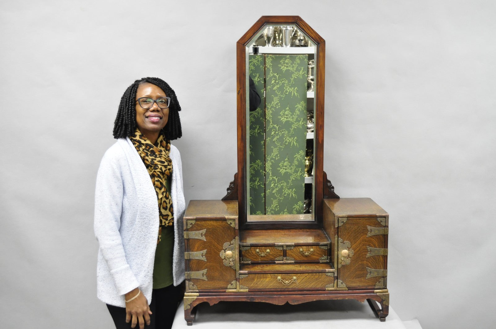 Antique Japanese Wood & Brass Small Low Kyodai Vanity Dressing Table with Mirror