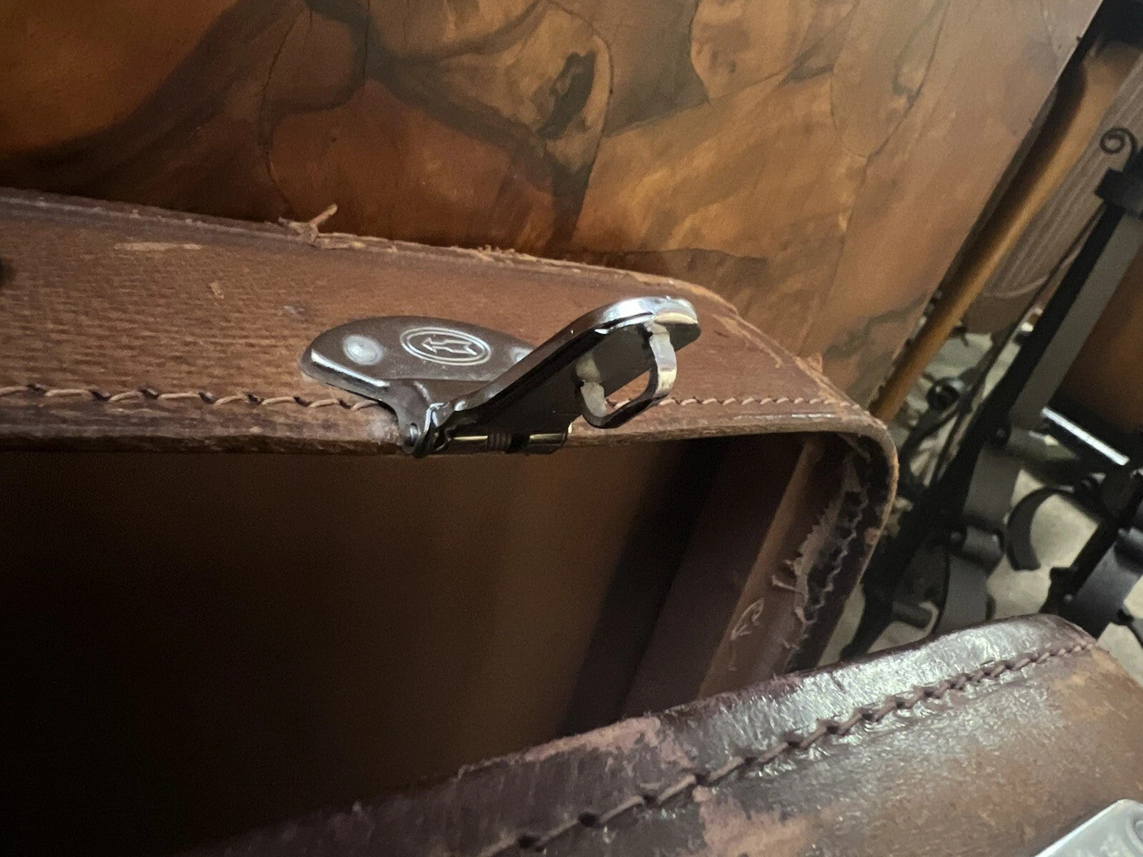 Vintage Art Deco Brown Distressed Leather 33" Luggage Suitcase by Golden Leaf